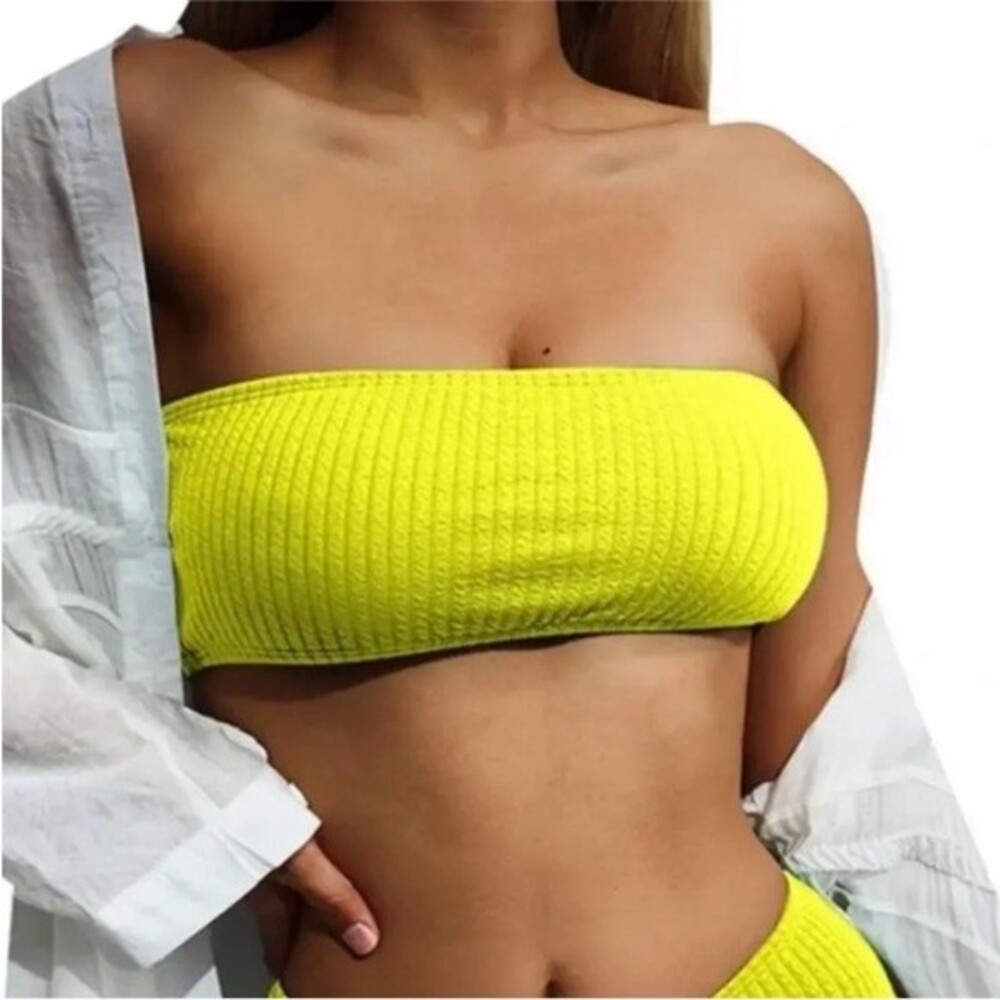 NWT Good American Crinkle Basic Bandeau Top Electric Yellow Size 3/4 (L/XL)